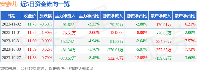 股票行情疾报：安奈儿（002875）11月2日主力资金净卖出9162万元乐鱼电竞(图1)